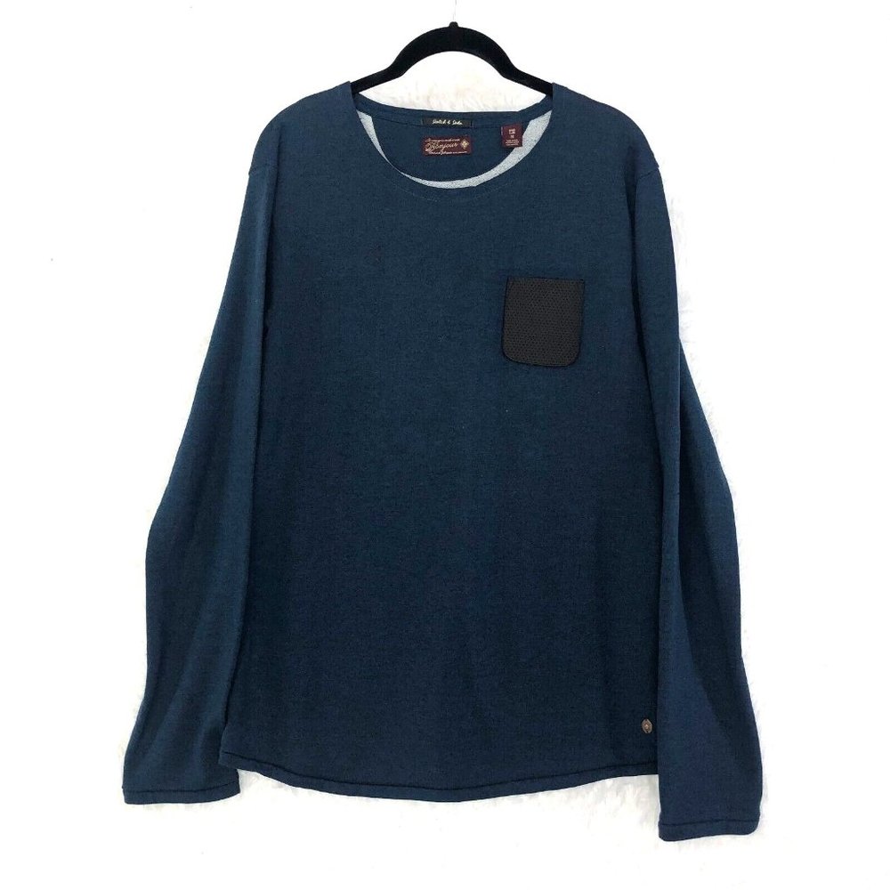 Scotch Soda Shirt Men Medium Blue Bonjour Pullover Pocket Knit Tee Logo Crewneck